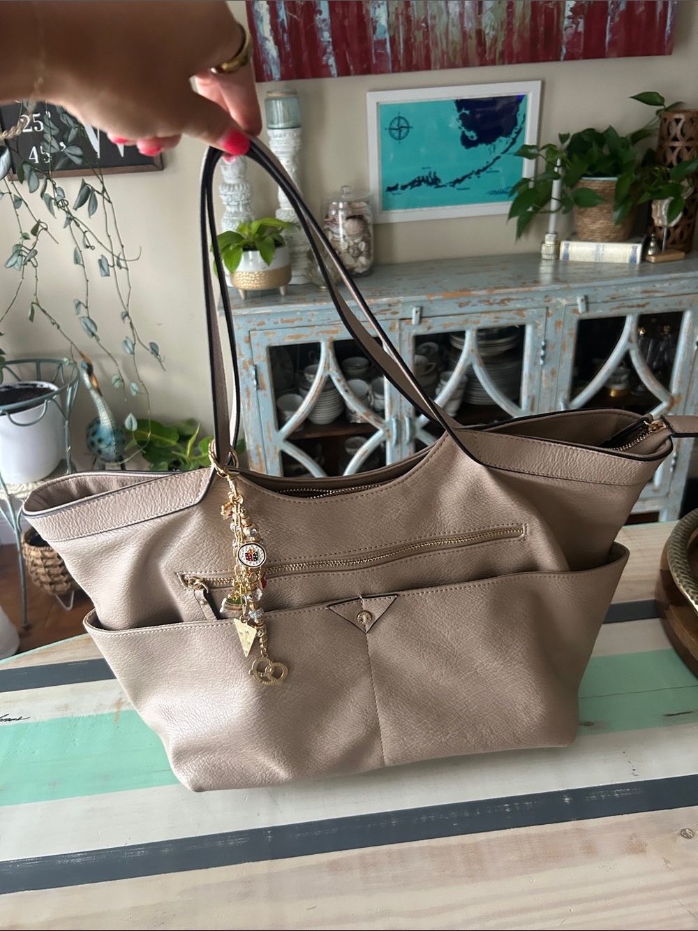 Rosetti Taupe Double-Pocket Tote with Charm Accent